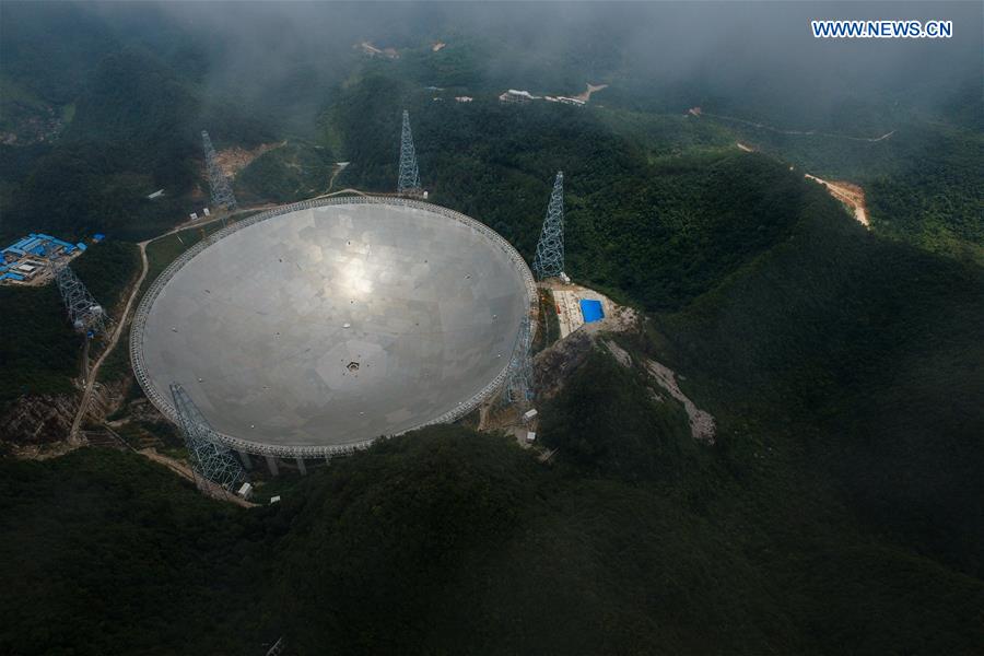 The photo taken on July 3, 2016 shows the Five-hundred-meter Aperture Spherical Telescope (FAST) in Pingtang County, southwest China's Guizhou Province.