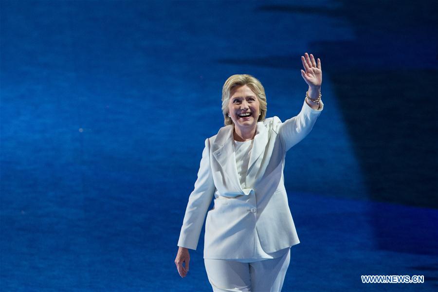U.S. Democratic Presidential Candidate Hillary Clinton takes the stage on the last day of the 2016 U.S. Democratic National Convention at Wells Fargo Center, Philadelphia, Pennsylvania, the United States on July 28, 2016. U.S. Democratic Presidential Candidate Hillary Clinton takes the stage on the last day of the 2016 U.S. Democratic National Convention at Wells Fargo Center, Philadelphia, Pennsylvania, the United States on July 28, 2016.