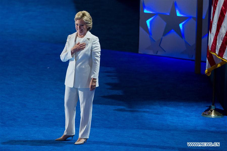 U.S. Democratic Presidential Candidate Hillary Clinton takes the stage on the last day of the 2016 U.S. Democratic National Convention at Wells Fargo Center, Philadelphia, Pennsylvania, the United States on July 28, 2016. 