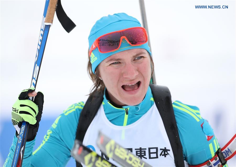 Galina Vishnevskaya of Kazakhstan reacts after the women's 7.5km sprint of Biathlon at the 2017 Sapporo Asian Winter Games in Sapporo, Japan, Feb. 23, 2017. 