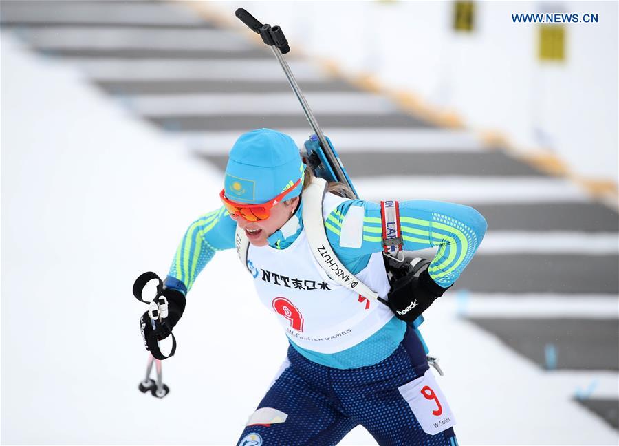 Alina Raikova of Kazakhstan competes during the women's 7.5km sprint of Biathlon at the 2017 Sapporo Asian Winter Games in Sapporo, Japan, Feb. 23, 2017. Alina Raikova of Kazakhstan competes during the women's 7.5km sprint of Biathlon at the 2017 Sapporo Asian Winter Games in Sapporo, Japan, Feb. 23, 2017.