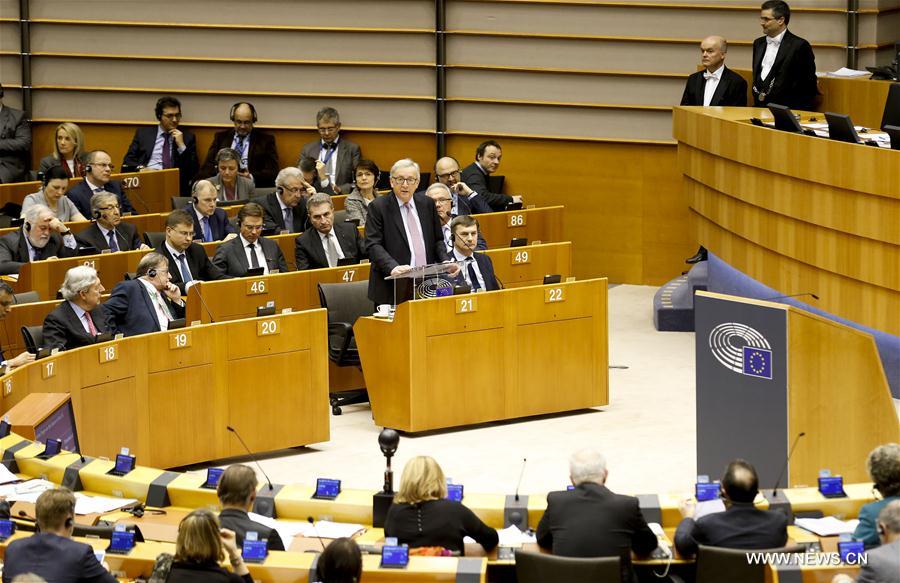 Photo taken on March 1, 2017 shows a plenary session at which European Commission President Jean-Claude Juncker addresses the 'White Paper on the Future of Europe' at the European Parliament, in Brussels, Belgium. (Xinhua/Ye Pingfan) Photo taken on March 1, 2017 shows a plenary session at which European Commission President Jean-Claude Juncker addresses the 'White Paper on the Future of Europe' at the European Parliament, in Brussels, Belgium. (Xinhua/Ye Pingfan)