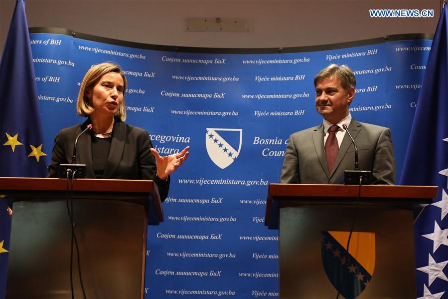 Federica Mogherini (L), the EU's High Representative for Foreign Affairs and Security Policy, and Bosnia and Herzegovina (BiH) Chairman of Council of Ministers Denis Zvizdic attend a joint press conference in Sarajevo, BiH, on March 4, 2017. 