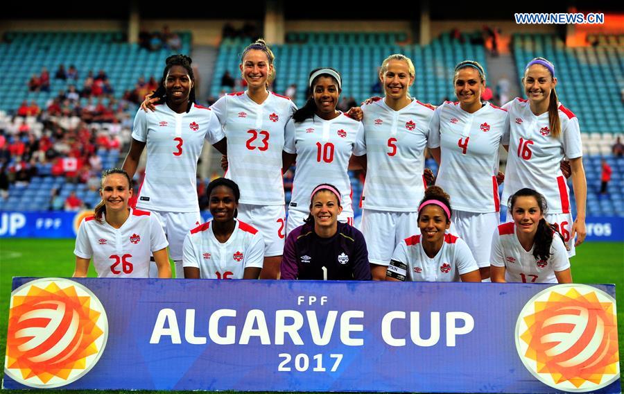 Players of Canada line up ahead of the final match of 2017 Algarve Cup women's soccer tournament Canada vs Spain at the Algarve Stadium in Loule, Portugal, on March 8, 2017. 