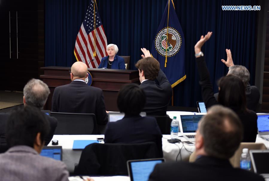 U.S. Federal Reserve Chair Janet Yellen (Rear) attends a news conference in Washington D.C., capital of the United States, on March 15, 2017.