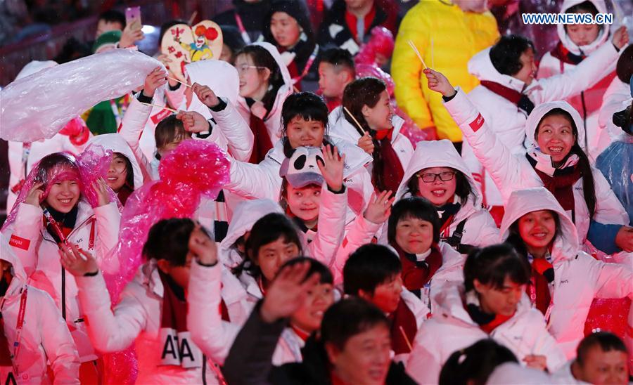 Chinese delegation parades into the stadium during opening ceremony of the 2017 Special Olympics World Winter Games in Schladming, Austria, March 18, 2017. 