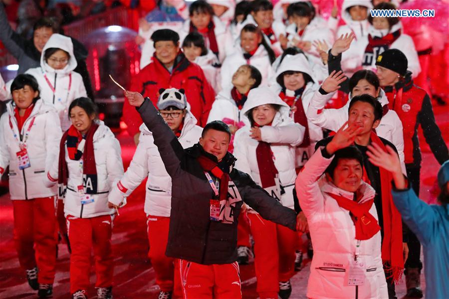 Chinese delegation parades into the stadium during opening ceremony of the 2017 Special Olympics World Winter Games in Schladming, Austria, March 18, 2017.