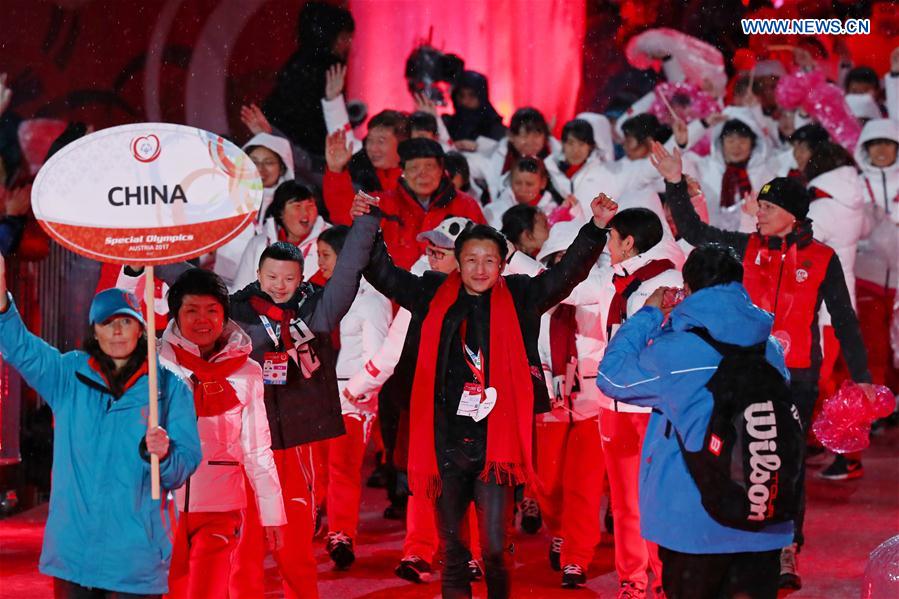 Chinese delegation parades into the stadium during opening ceremony of the 2017 Special Olympics World Winter Games in Schladming, Austria, March 18, 2017.
