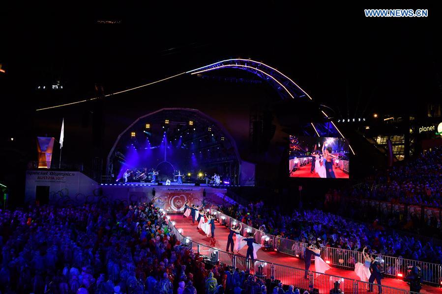 Photo taken on March 18, 2017 shows the performance during the opening ceremony of the 2017 Special Olympics World Winter Games in Schladming, Austria. 