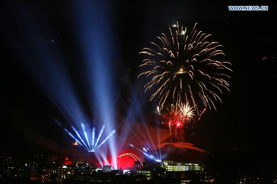 Photo taken on March 18, 2017 shows the fireworks during the opening ceremony of the 2017 Special Olympics World Winter Games in Schladming, Austria.