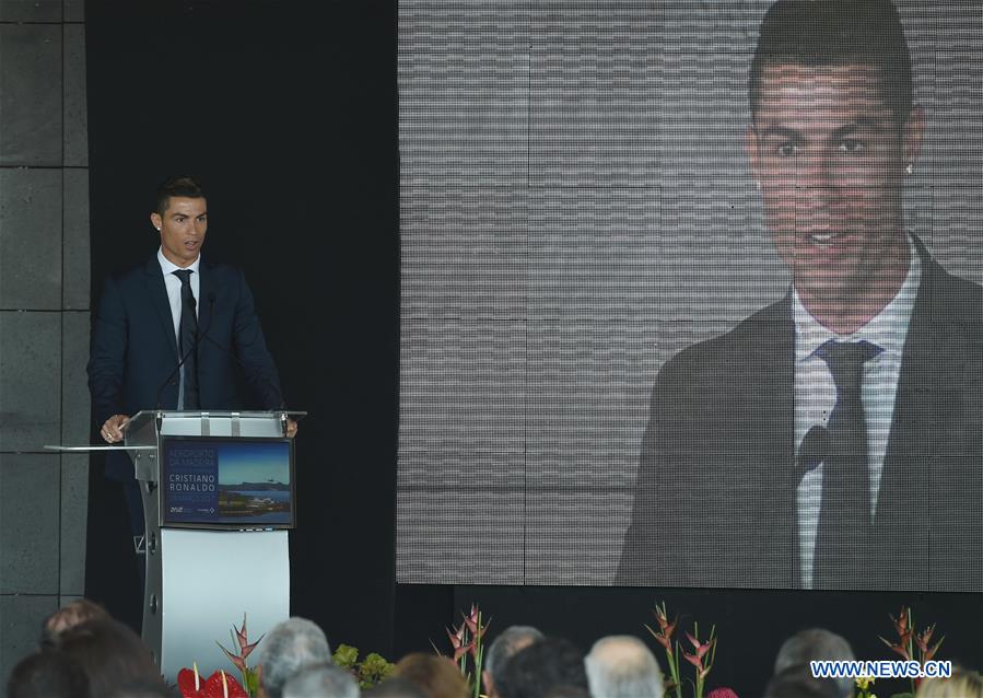 Portuguese footballer Cristiano Ronaldo addresses an airport renaming ceremony in Funchal March 29, 2017. Portugal on Wednesday renamed Madeira airport as Cristiano Ronaldo airport in honor of the captain of the Portuguese national football team. Funchal on Madeira Islands is the hometown of Cristiano Ronaldo. (Xinhua/Zhang Liyun) 