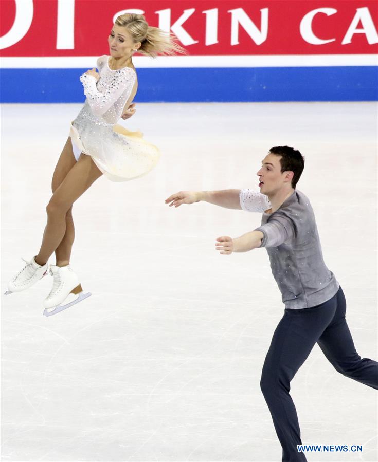 Aliona Savchenko (L) and Bruno Massot of Germany perform during Pair Free Skating at ISU World Figure Skating Championships 2017 in Helsinki, Finland on March 30, 2017. Savchenko and Massot took the second place with 230.30 points in total. (Xinhua/Liu Lihang)