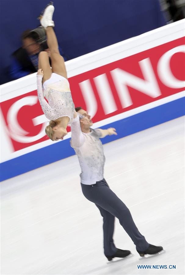 Aliona Savchenko (Top) and Bruno Massot of Germany perform during Pair Free Skating at ISU World Figure Skating Championships 2017 in Helsinki, Finland on March 30, 2017. Savchenko and Massot took the second place with 230.30 points in total. (Xinhua/Liu Lihang)