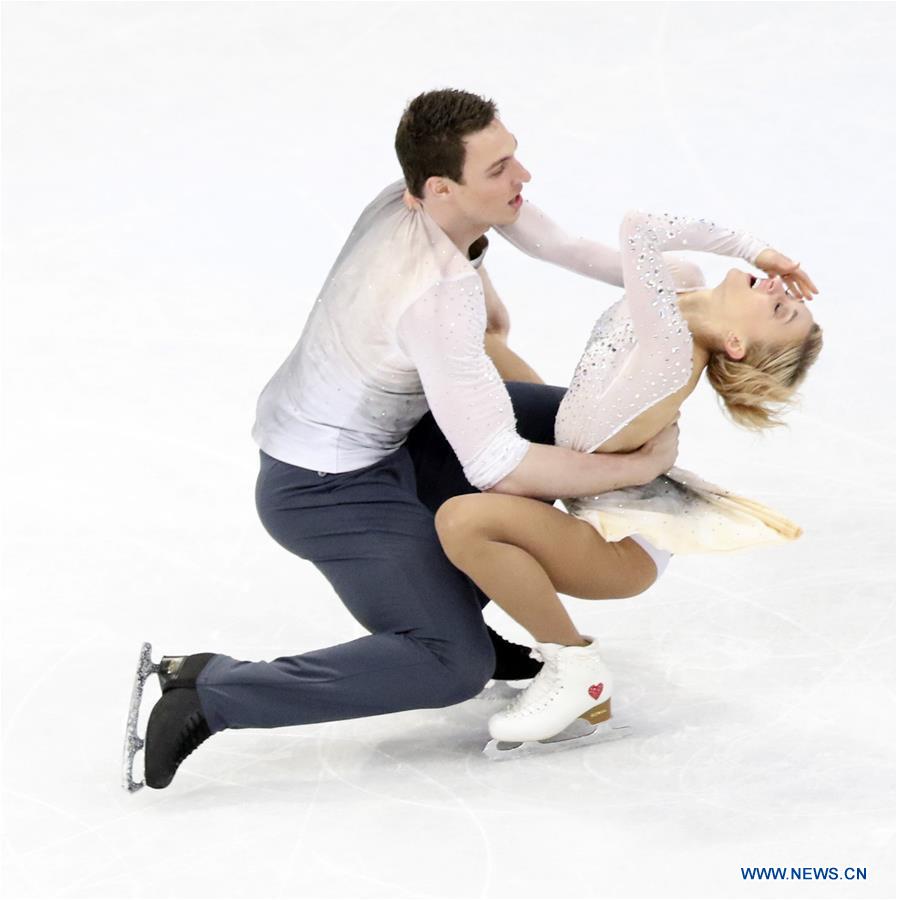 Aliona Savchenko (R) and Bruno Massot of Germany perform during Pair Free Skating at ISU World Figure Skating Championships 2017 in Helsinki, Finland on March 30, 2017. Savchenko and Massot took the second place with 230.30 points in total. (Xinhua/Liu Lihang)