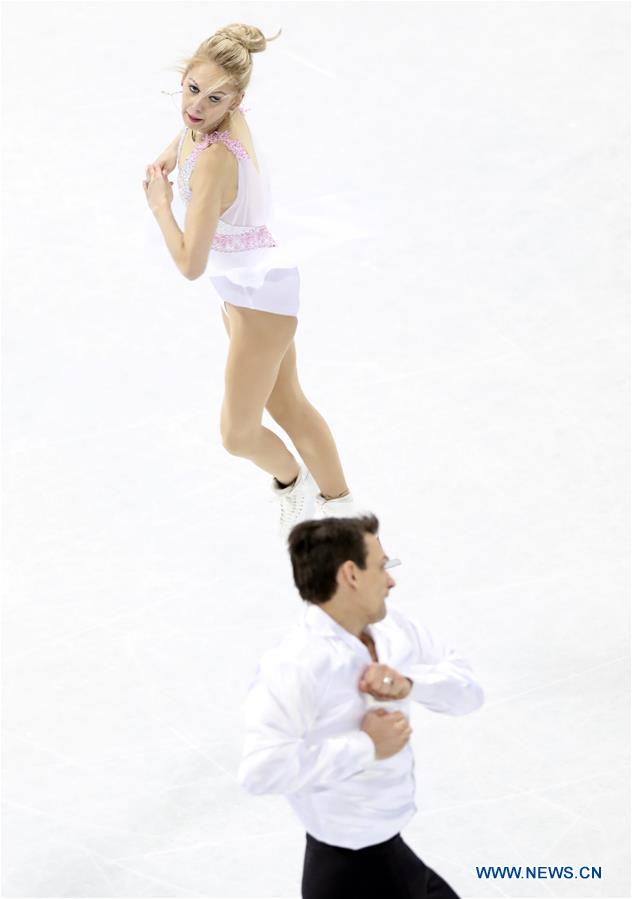 Alexa Scimeca Knierim (Top) and Chris Knierim of the United States perform during Pair Free Skating at ISU World Figure Skating Championships 2017 in Helsinki, Finland on March 30, 2017. The couple took the 10th place with 202.37 points in total. (Xinhua/Liu Lihang)