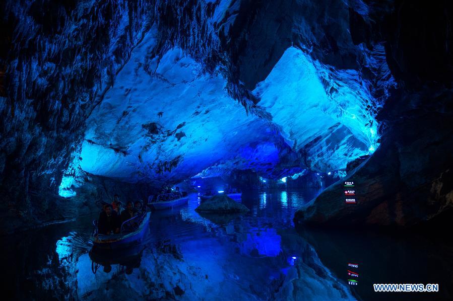 Photo taken on March 30, 2017 shows the interior of the Alu Caves in Luxi County, some 160 kilometers to Kunming, capital of southwest China's Yunnan Province. These ancient caves feature karst landscape and have been developed as a tourist destination. (Xinhua/Hu Chao) 