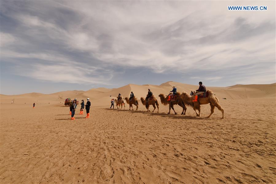CHINA-GANSU-DUNHUANG-MINGSHA SAND MOUNTAIN-CAMEL CARAVAN(CN)