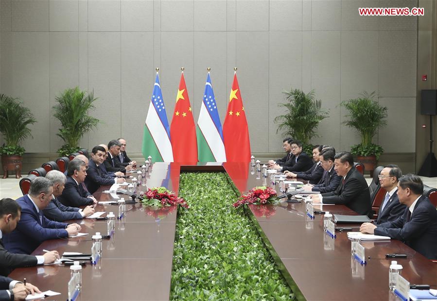 (SCO SUMMIT) CHINA-QINGDAO-XI JINPING-UZBEKISTAN-SHAVKAT MIRZIYOYEV-MEETING (CN)