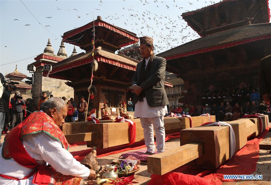NEPAL-KATHMANDU-RECONSTRUCTION-KASTHAMANDAP TEMPLE-WOODEN PILLARS
