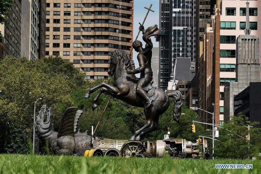 UN-NEW YORK-INF TREATY-GOOD DEFEATS EVIL-SCULPTURE