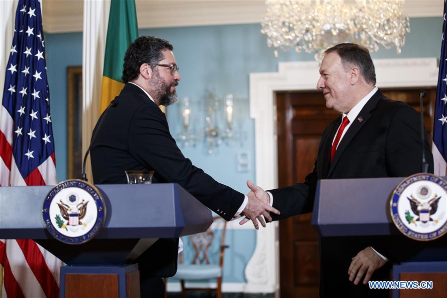 U.S.-WASHINGTON D.C.-POMPEO-BRAZIL-FM-PRESS CONFERENCE