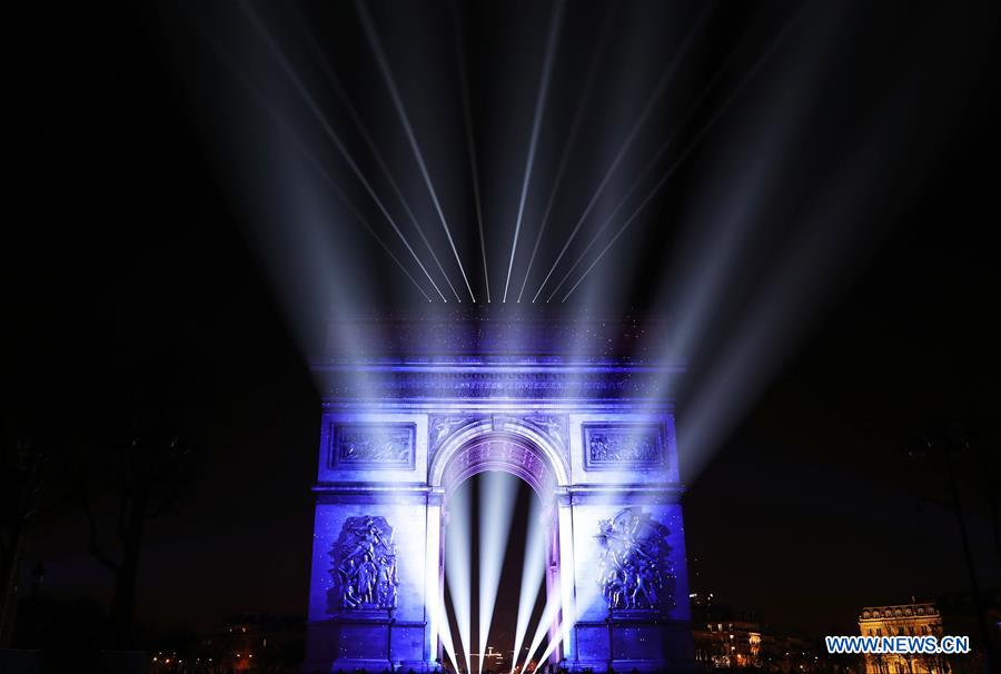 Light projection show seen at Arc de Triomphe in Paris Xinhua