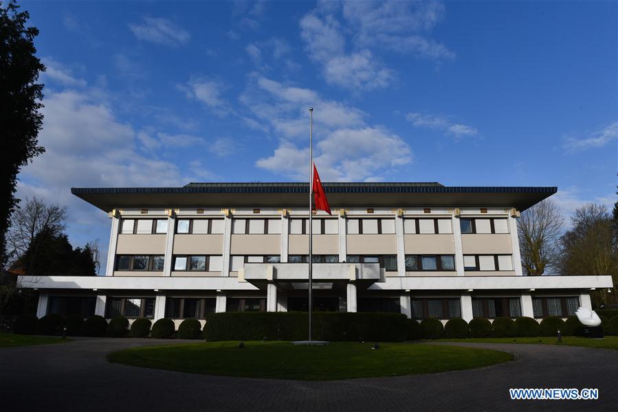 BELGIUM-BRUSSELS-COVID-19-CHINESE EMBASSY-NATIONAL FLAG-HALF-MAST