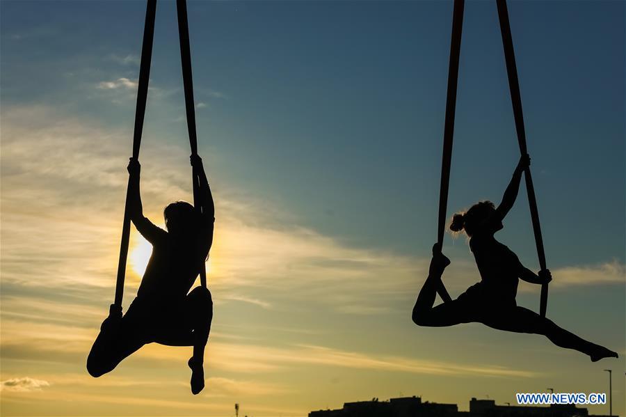 Members of Triko Circus Theater perform aerial hammock dance in Zagreb