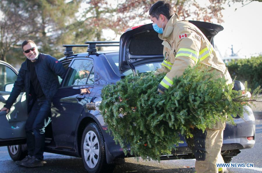 Firefighters volunteer to help residents recycle Christmas trees at annual tree chipping event
