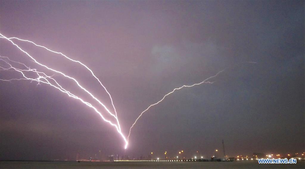 Lightning bolts over skyline of Kuwait City Xinhua English.news.cn