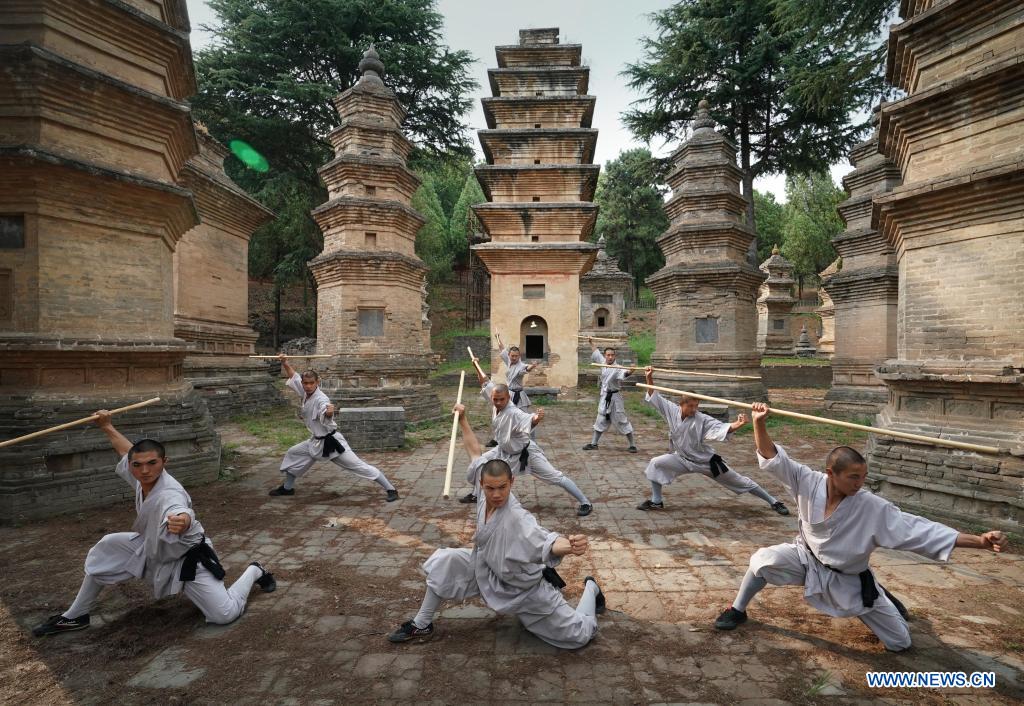 Shaolin monks practice martial arts at Pagoda Forest of Shaolin Temple