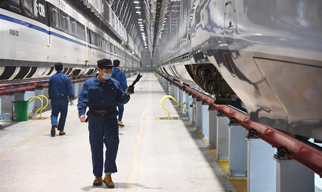 Fuxing bullet trains under maintenance in Jinan, China's Shandong