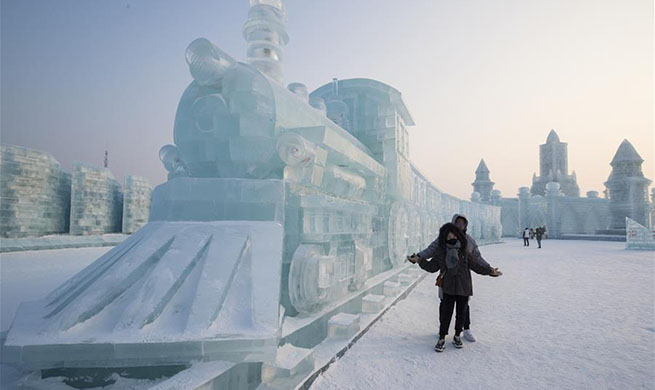 Tourists enjoy ice sculptures at Harbin Ice-Snow World in NE China's Heilongjiang