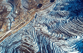 Aerial view of snow-covered terraced fields in north China's Hebei