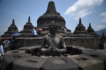 Tourists visit Borobudur temple in Central Java Province, Indonesia