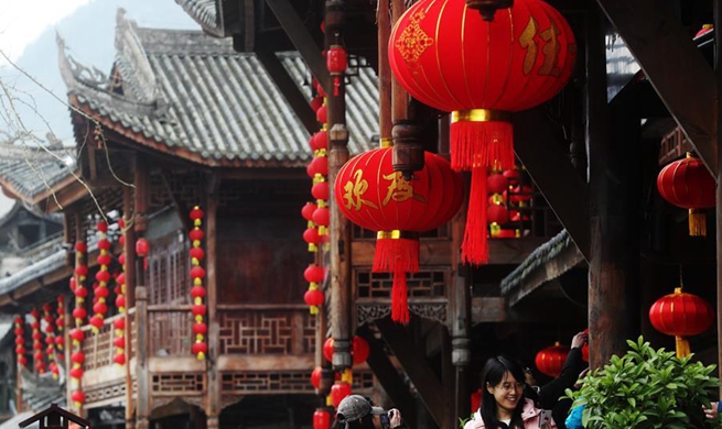 Festival decorations hung to greet upcoming Lunar New Year in Zhuoshui ancient town in Chongqing