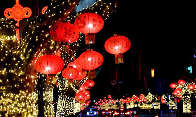 Streets decorated with red lanterns in Zhengzhou, China's Henan