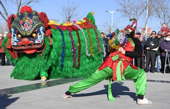 Folk artists rehearse lion dance for upcoming Chinese Lunar New Year in China's Gansu