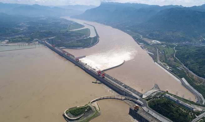 Water discharging from Three Gorges Dam in central China's Hubei