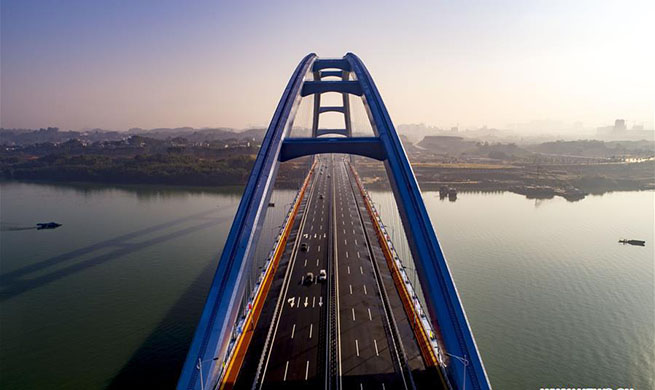 Aerial view of Guantang bridge in Liuzhou, south China's Guangxi