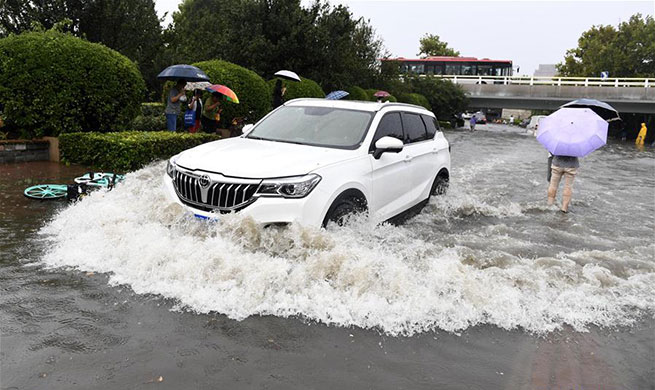Roads in downtown Tianjin flooded due to heavy rain