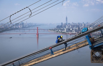 Bridge crossing Yangtze River under construction in Wuhan