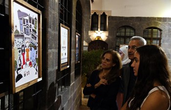 People view pieces of carton work in old city of Damascus