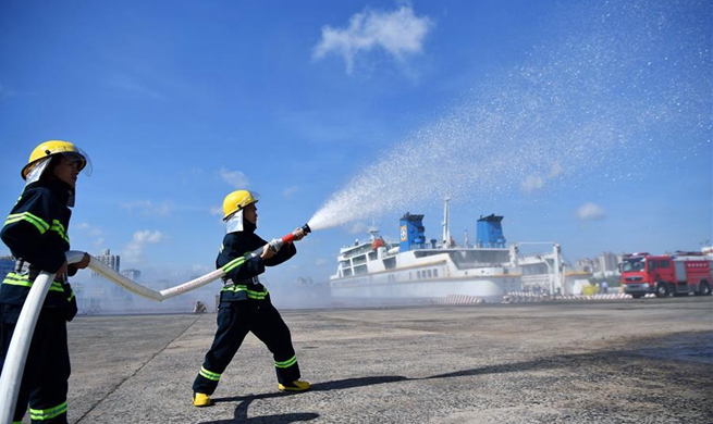 Emergency drill for vessels loaded with dangerous cargos held in Haikou, China's Hainan