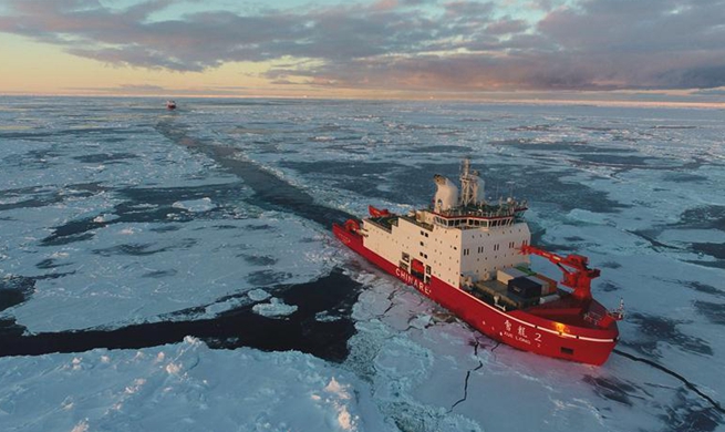 China's polar icebreakers Xuelong, Xuelong 2 sail in Antarctica water