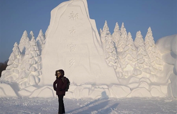 Tourists visit snow sculpture art expo in Harbin NE China