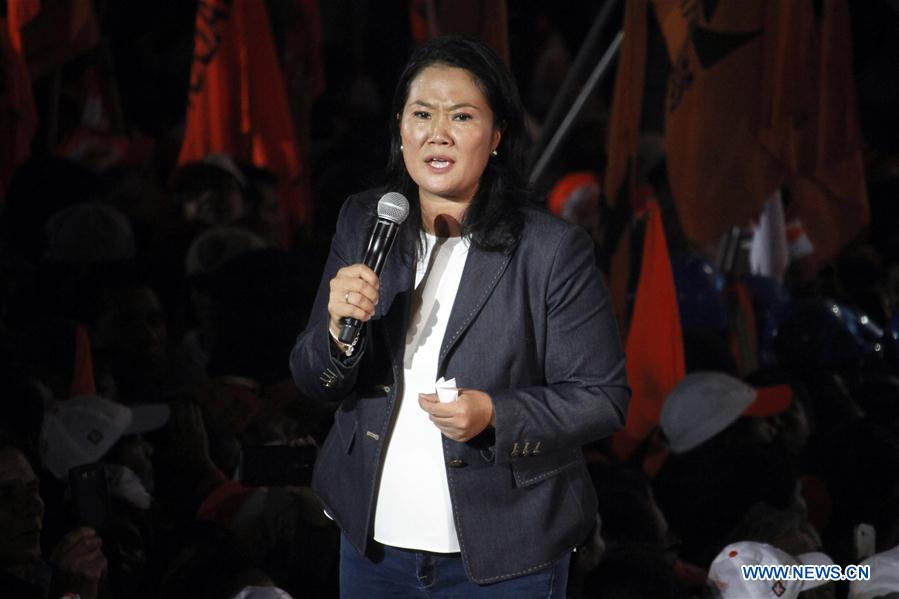 Peruvian presidential hopeful Keiko Fujimori of the center-right Popular Force (FP) Party addresses a campaign closing for the second round of elections in Peru, in the Villa El Salvador District, Lima province, Peru, on June 2, 2016.
