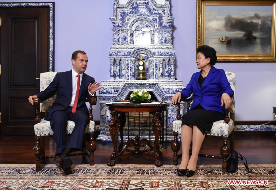 Russian Prime Minister Dmitry Medvedev (L) meets with visiting Chinese Vice Premier Liu Yandong in Moscow, Russia, on July 4, 2016. (Xinhua/Dai Tianfang) 