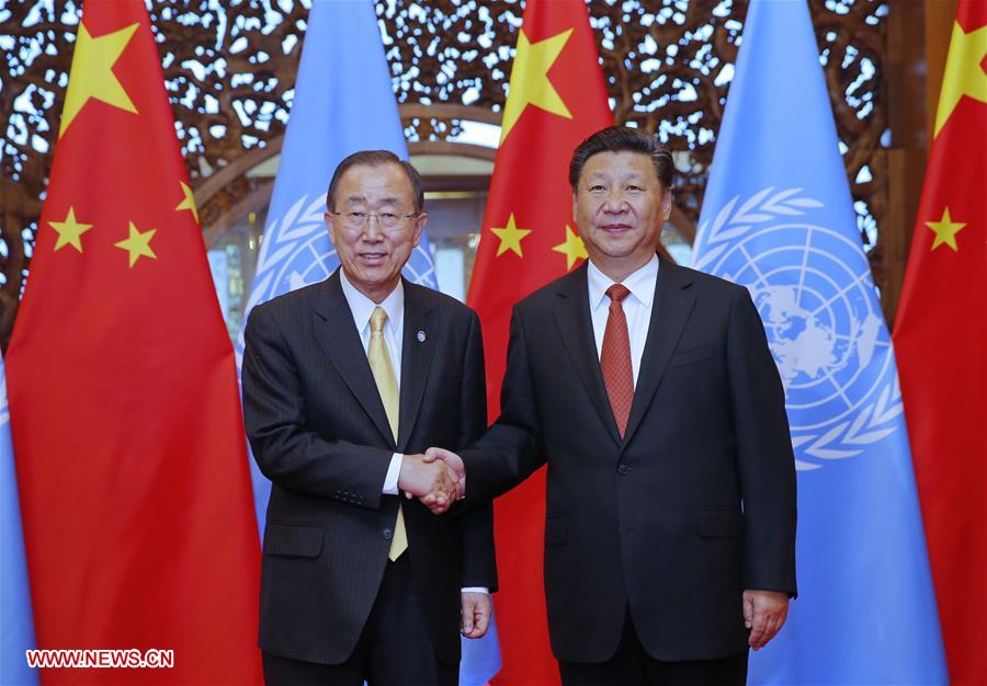 Chinese President Xi Jinping (R) meets with UN Secretary-General Ban Ki-moon in Beijing, capital of China, July 7, 2016. (Xinhua/Ju Peng)