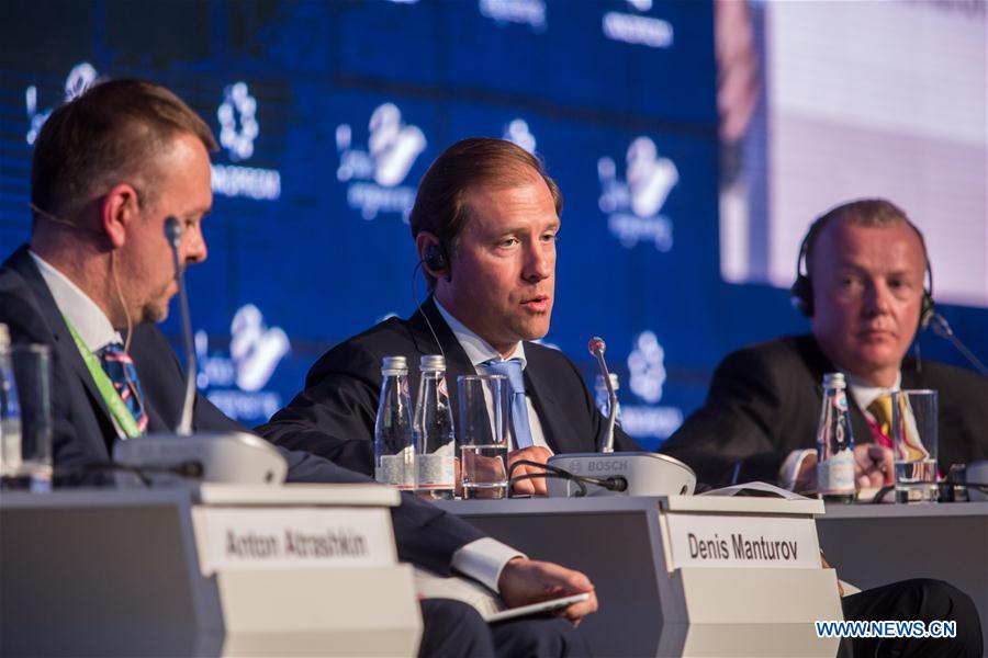 Russian Prime Minister Dmitry Medvedev speaks at the main plenary session 'Industry+Internet' during the International Industrial Trade Fair, or INNOPROM, in Yekaterinburg, Russia, on July 11, 2016.